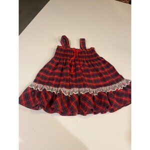 Vintage Red Plaid Baby Dress With Lace Trim & Smocked Bodice 80% Polyester 20% C